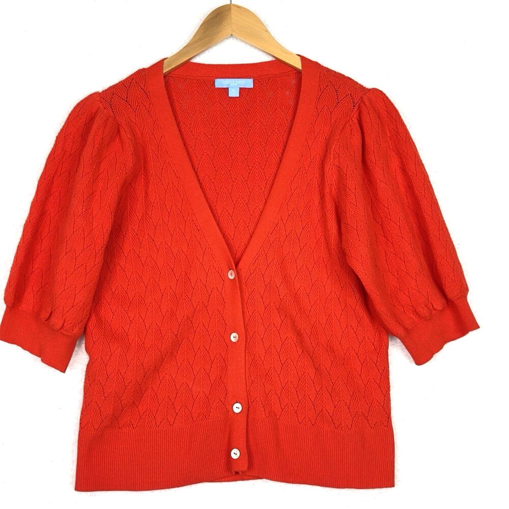 Draper James RSVP Cardigan Sweater Textured Red XL Elbow Puff Sleeve‎ Spring NWT